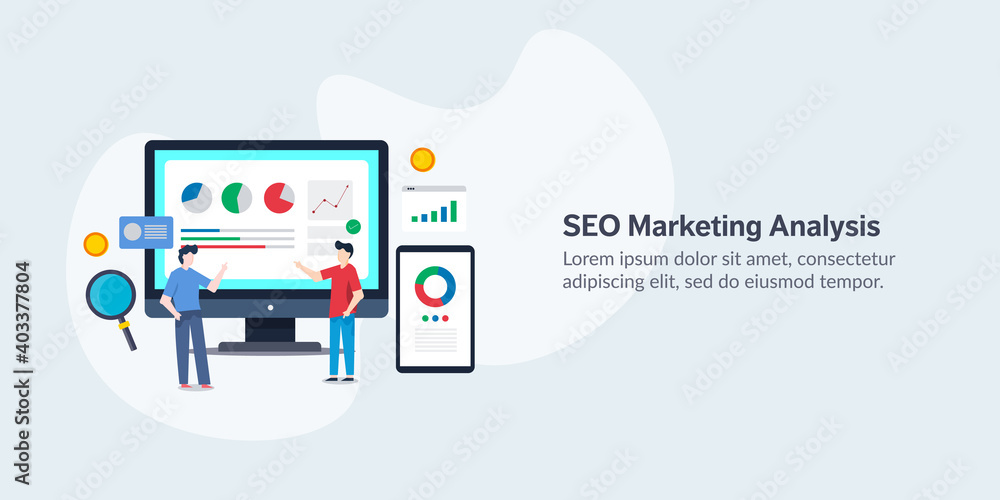 SEO, digital marketing and online advertising campaign report, data analysis by company people, marketing software display report on screen mobile. Vector illustration.