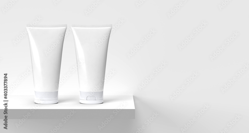 Two side Cosmetic Tube on shelf for Mockup. 3d rendering. Two side Cosmetic Tube on shelf for Mockup. 3d rendering.