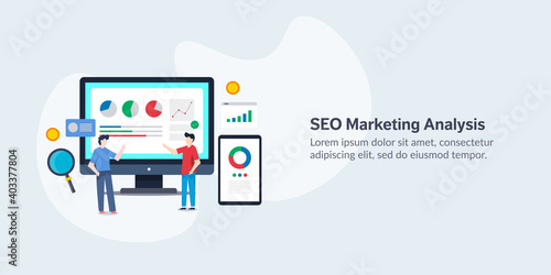 SEO, digital marketing and online advertising campaign report, data analysis by company people, marketing software display report on screen mobile. Vector illustration.