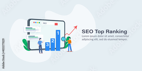 Team of seo experts analysing top ranking data. Search engine optimization and web traffic concept. Vector illustration banner.