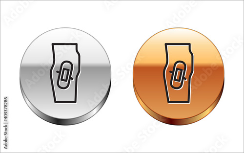 Black line Plaster on leg icon isolated on white background. Silver-gold circle button. Vector.