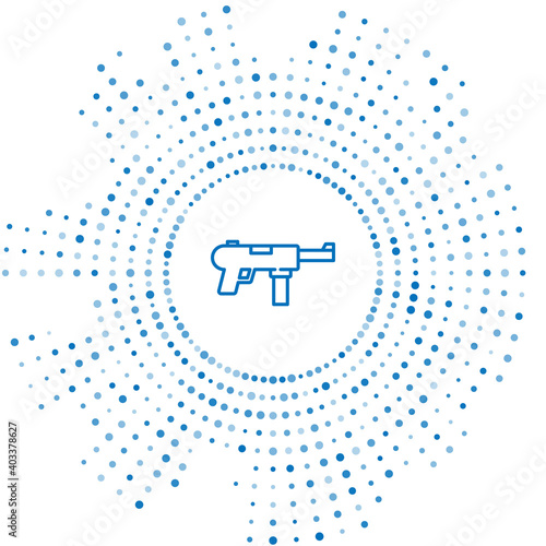 Blue line Submachine gun M3, Grease gun icon isolated on white background. Abstract circle random dots. Vector.
