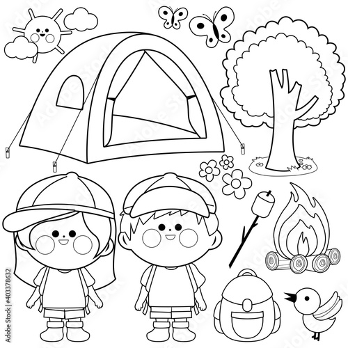 Children with a tent in a camping site. Vector black and white coloring page