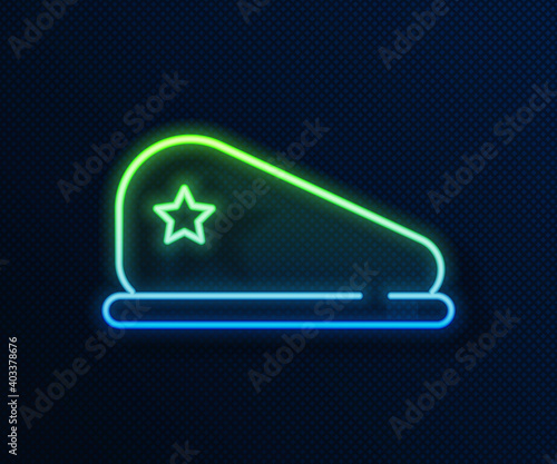 Glowing neon line Military beret icon isolated on blue background. Soldiers cap. Army hat. War baret. Vector.
