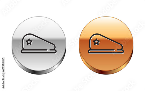Black line Military beret icon isolated on white background. Soldiers cap. Army hat. War baret. Silver-gold circle button. Vector.