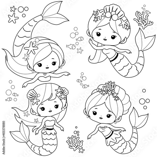 Beautiful mermaids swimming under the sea. Vector black and white coloring page