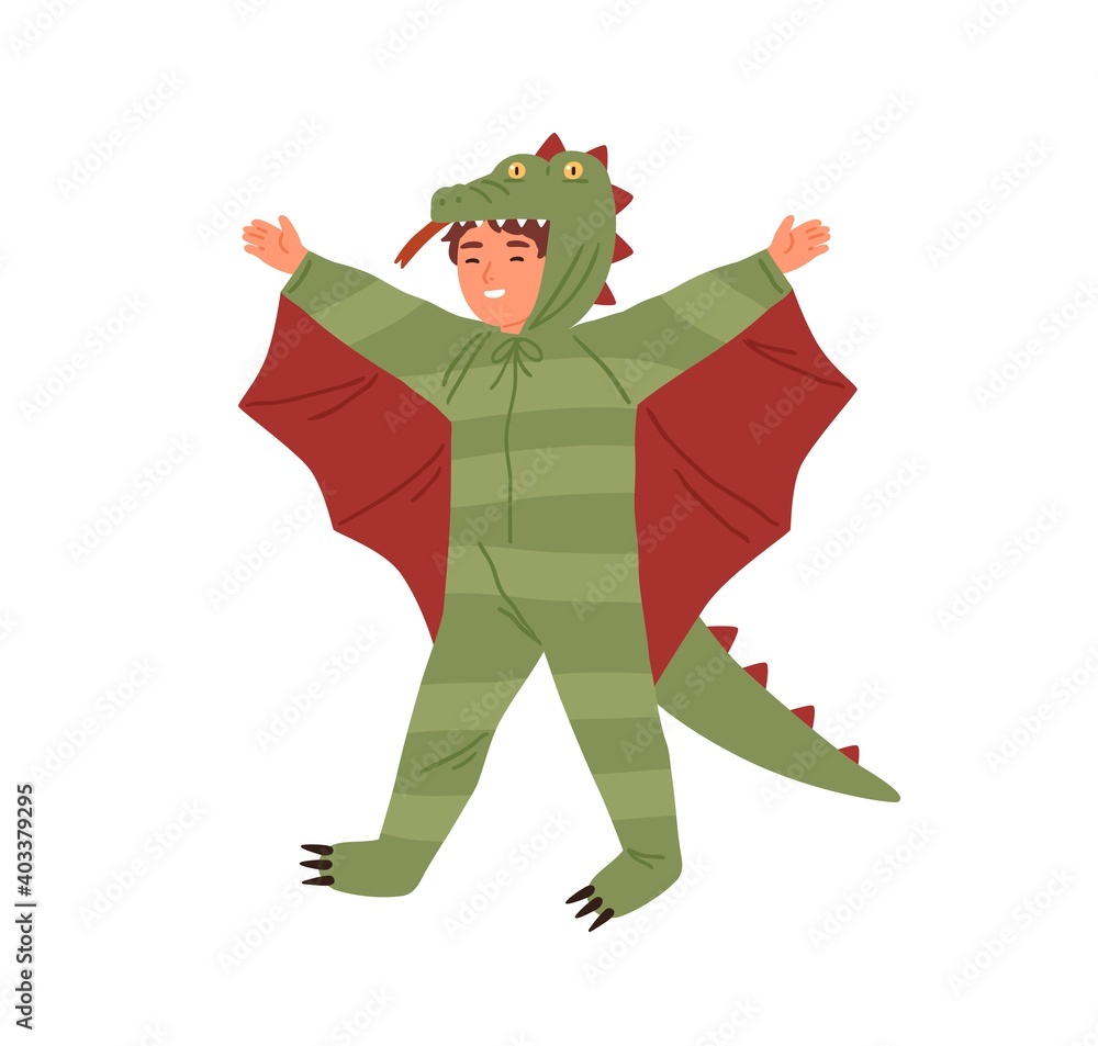 Joyful boy wearing dragon costume, having fun at theme party vector flat illustration. Cute male kid in masquerade apparel isolated on white. Smiling actor of childish theater at performance Joyful boy wearing dragon costume, having fun at theme party vector flat illustration. Cute male kid in masquerade apparel isolated on white. Smiling actor of childish theater at performance