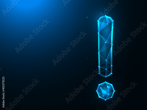 Exclamation mark low poly design. Attention polygonal vector illustrations on a blue background.