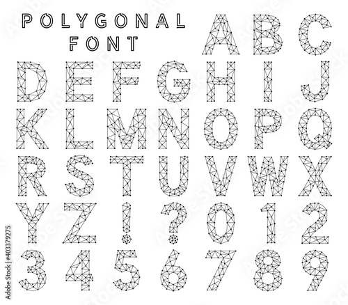 Polygonal font made from lines and dots. Low poly alphabet letters and numbers