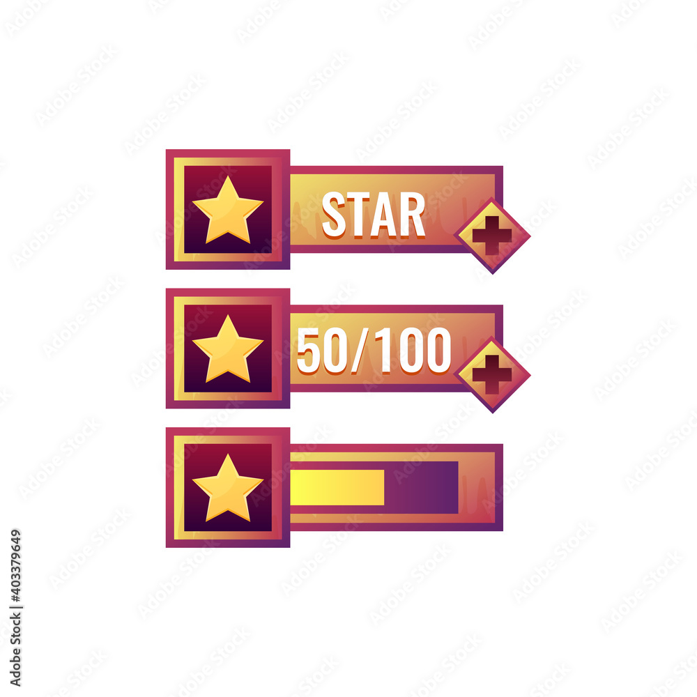 set of funny old wooden game ui star bar with numeric and progress bar additional panel for gui asset elements vector illustration