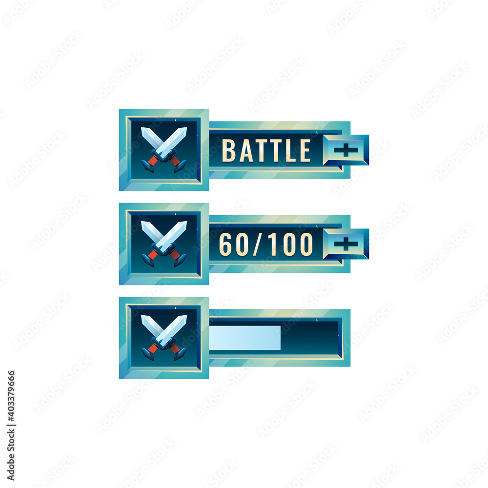 set of fantasy space game ui blade sword fighting power ups skill with numeric and load bar additional panel for gui asset elements vector illustration