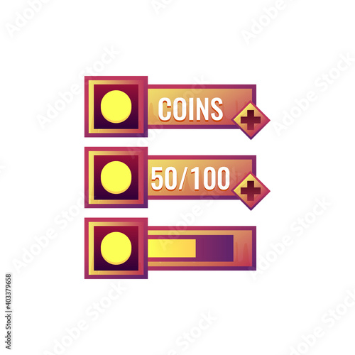 set of funny old wooden game ui currencies coins bar with numeric and progress bar additional panel for gui asset elements vector illustration