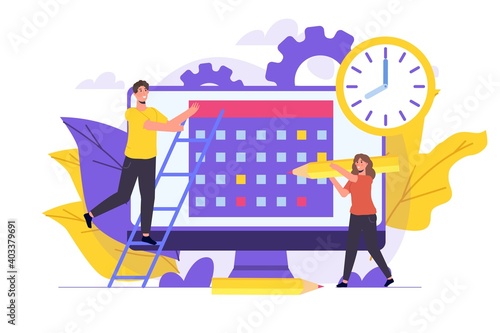 Effective workflow organization, teamwork process, deadlines respect, efficient workday concept. Vector illustration.