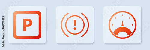 Set Brake system warning, Parking and Speedometer. White square button. Vector.
