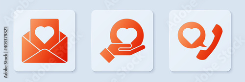 Set Heart on hand, Envelope with heart and Telephone with heart speech bubble. White square button. Vector.