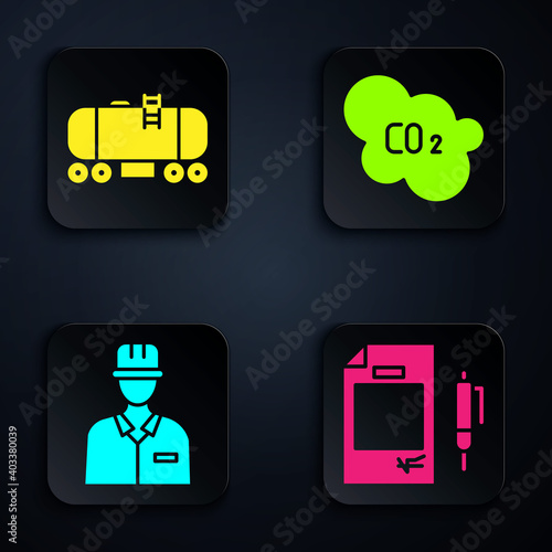Set Contract money and pen, Oil railway cistern, Oilman and CO2 emissions in cloud. Black square button. Vector.