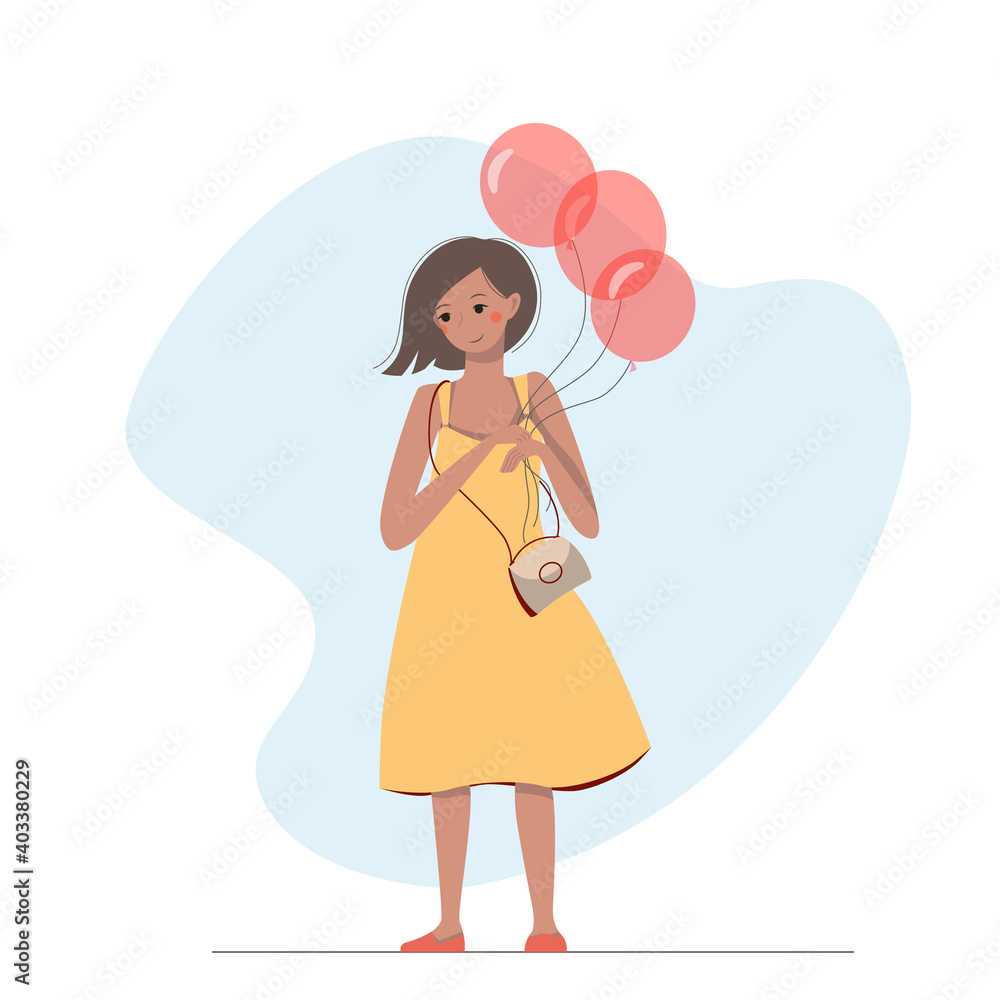 Nice cartoon young woman with balloons in her hands. Cute girl with a stylish haircut in yellow dress. Nice cartoon young woman with balloons in her hands. Cute girl with a stylish haircut in yellow dress.