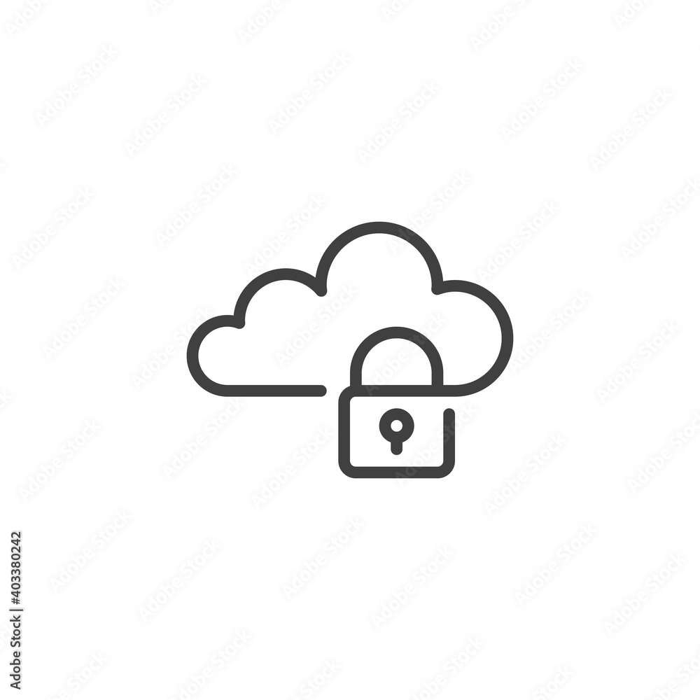 Cloud security line icon. linear style sign for mobile concept and web design. Computing cloud with lock outline vector icon. Symbol, logo illustration. Vector graphics Cloud security line icon. linear style sign for mobile concept and web design. Computing cloud with lock outline vector icon. Symbol, logo illustration. Vector graphics