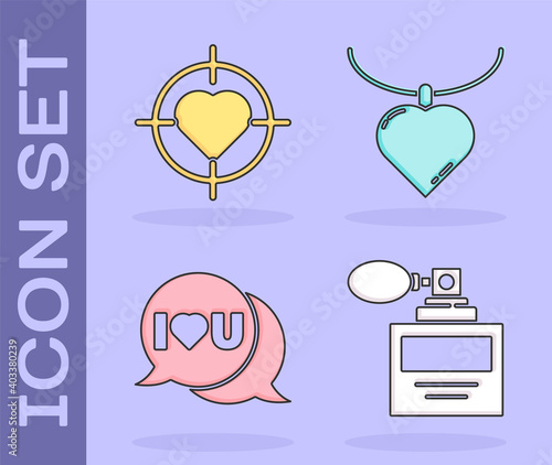 Set Perfume, Heart in the center of target aim, Speech bubble with I love you and Necklace with heart shaped pendant icon. Vector.