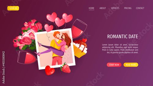 Photo with a couple in love. Cupcake, glasses of red wine, flowers and heart balloons. Valentine's day, Romantic, Love concept. Vector illustration for banner, website, poster, card.