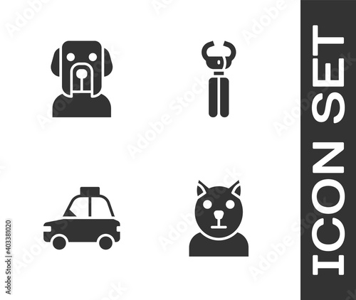 Set Cat, Dog, Pet car taxi and nail clippers icon. Vector.