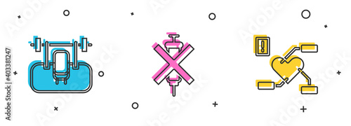 Set Bench with barbel, No doping syringe and Attention to health heart icon. Vector.