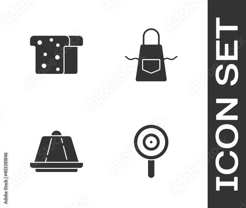 Set Lollipop, Bread toast, Pudding custard and Kitchen apron icon. Vector.