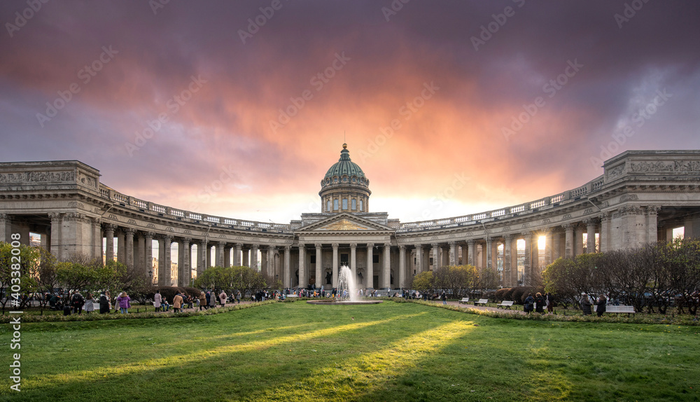 Kazan Cathedral or Kazanskiy Kafedralniy Sobor in Saint Petersburg, Russia at sunset, also known as the Cathedral of Our Lady of Kazan, is a Russian Orthodox Church on the Nevsky Prospekt 