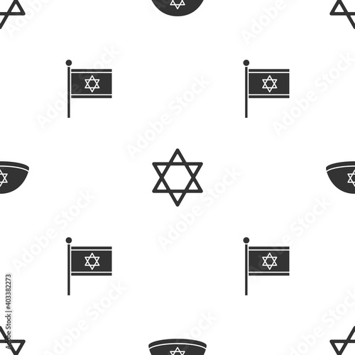 Set Jewish kippah, Star of David and Flag Israel on seamless pattern. Vector.