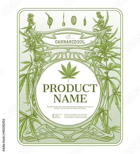 Cannabis Template for product label, cosmetic packaging. Easy to edit. In art nouveau style, vintage, old, retro style. Isolated on white background..