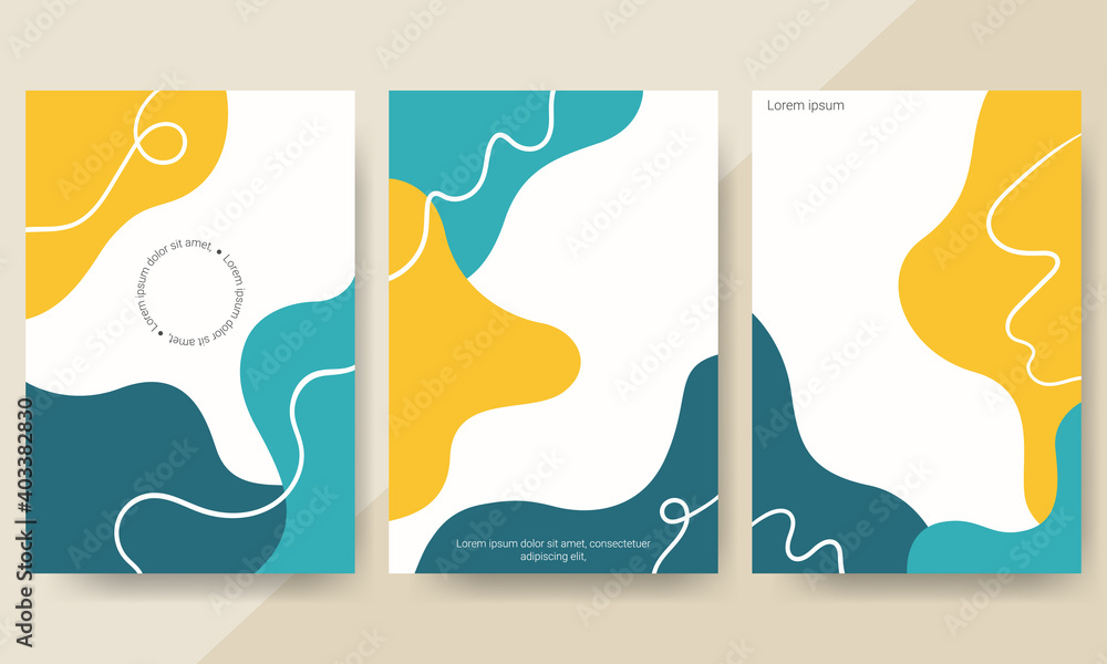 Set of minimalist hand drawn fluid shapes poster covers background