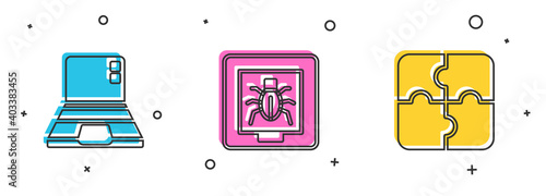 Set Laptop, Insects in frame and Piece of puzzle icon. Vector.