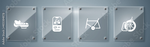 Set Bicycle parking, frame, rental mobile app and shoes. Square glass panels. Vector.