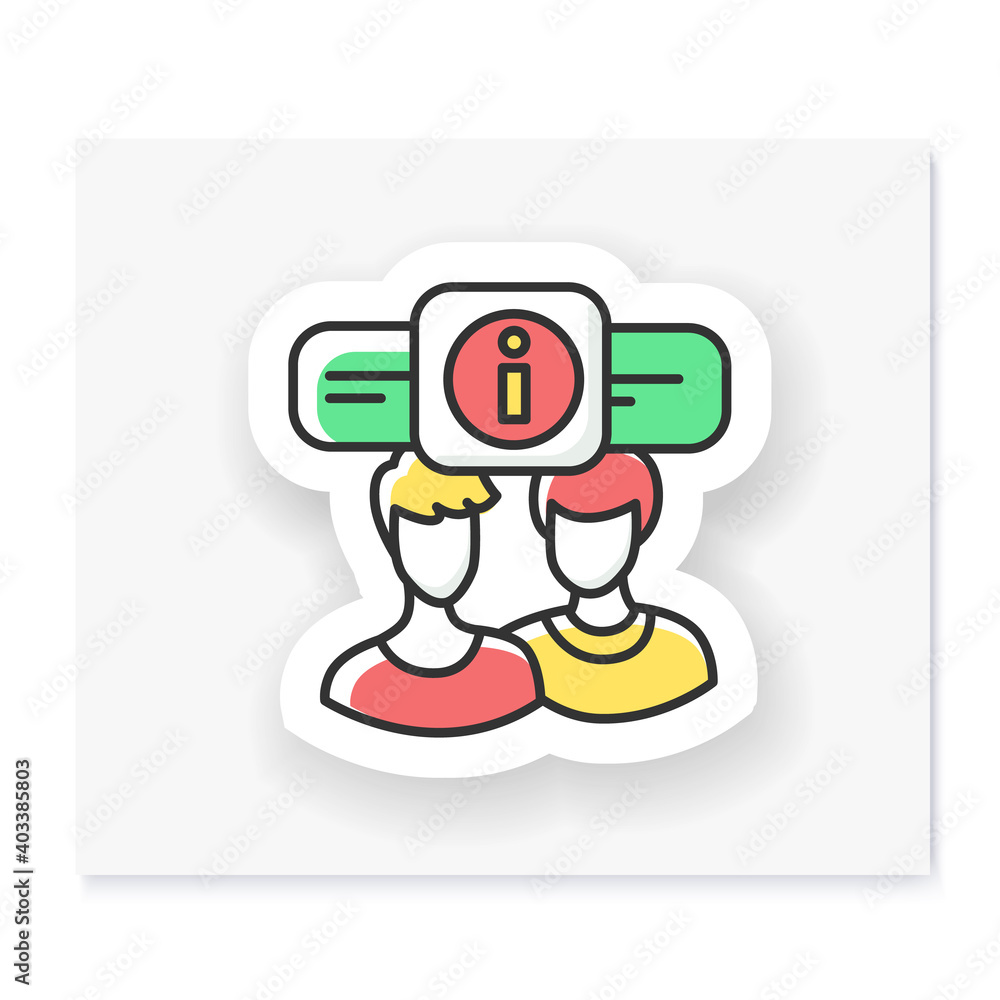 Briefing patch. Persons exchange information badge for designs. Custom sticker. Concept of client communication, internal project information exchange and team work. Vector emblem Briefing patch. Persons exchange information badge for designs. Custom sticker. Concept of client communication, internal project information exchange and team work. Vector emblem