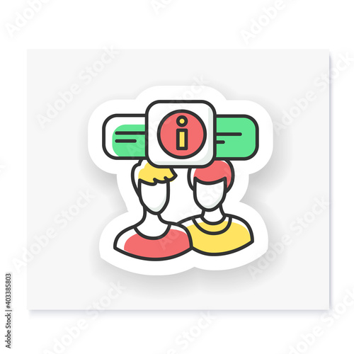 Briefing patch. Persons exchange information badge for designs. Custom sticker. Concept of client communication, internal project information exchange and team work. Vector emblem