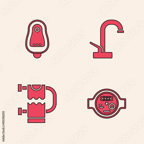 Set Water meter, Toilet urinal or pissoir, tap and Heated towel rail icon. Vector.