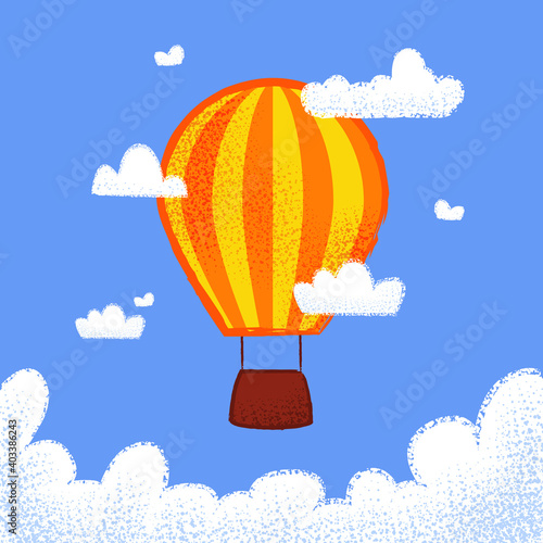 hot air balloon in the sky above the clouds. Children's card in flat design. Vector illustration