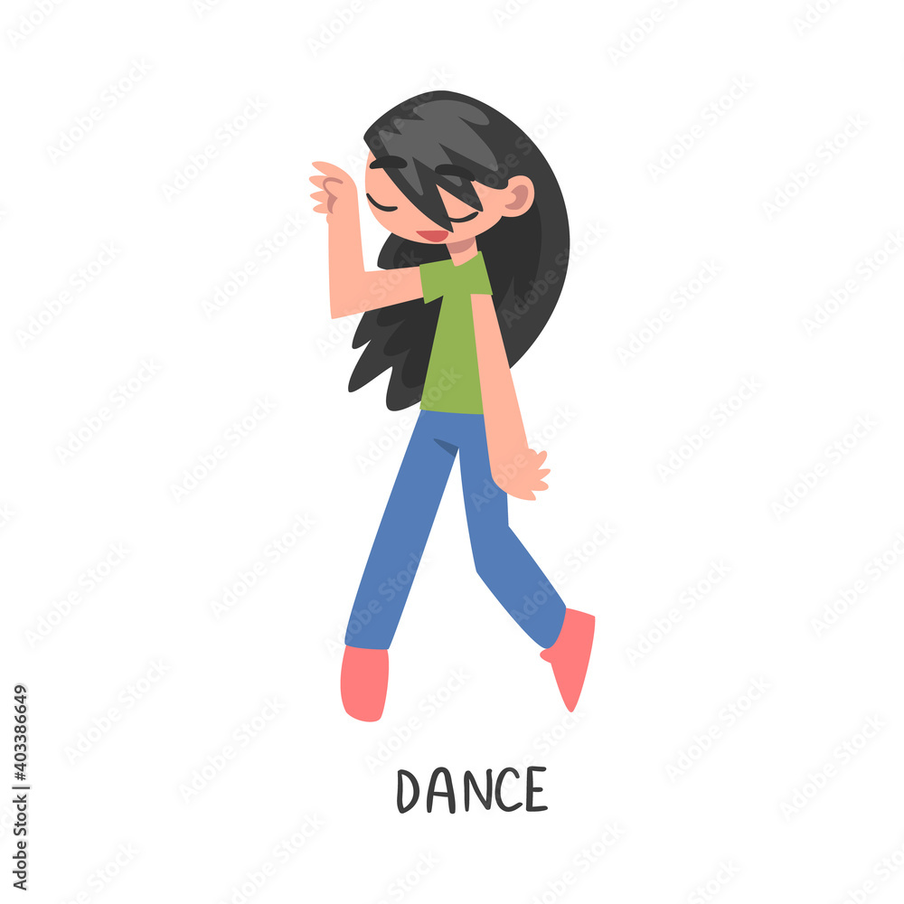 Dance Word, the Verb Expressing the Action, Children Education Concept, Cute Dancing Girl Cartoon Style Vector Illustration