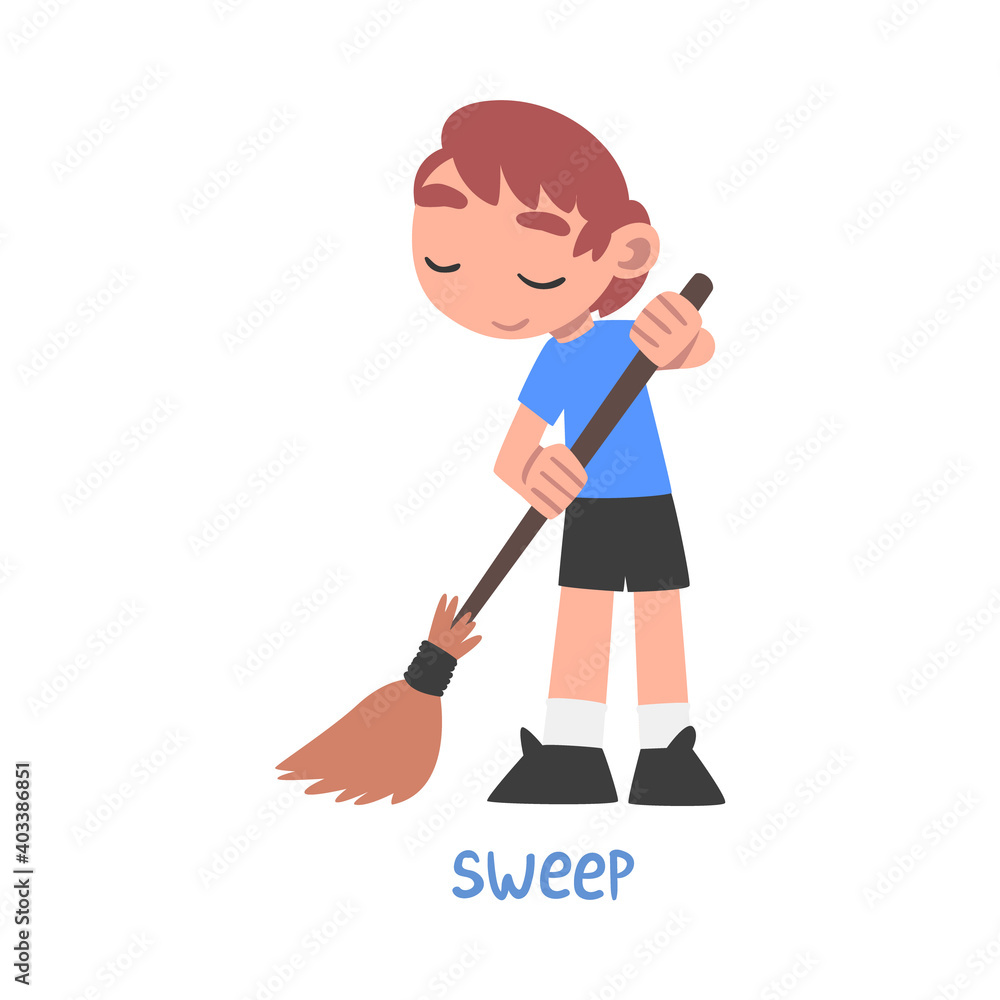 Sweep Word, the Verb Expressing the Action, Children Education Concept, Cute Boy Sweeping with Broom Cartoon Style Vector Illustration Sweep Word, the Verb Expressing the Action, Children Education Concept, Cute Boy Sweeping with Broom Cartoon Style Vector Illustration