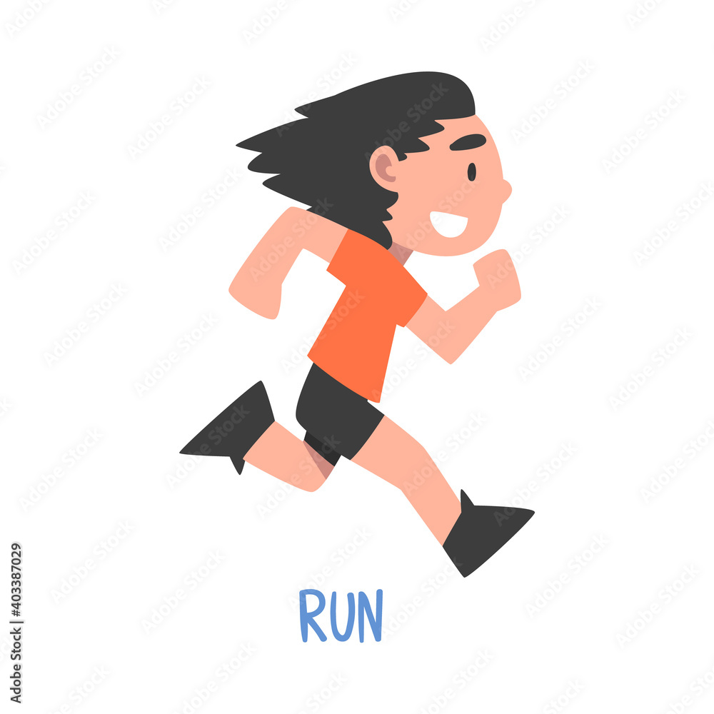 Run Word, the Verb Expressing the Action, Children Education Concept, Cute Running Boy Cartoon Style Vector Illustration Run Word, the Verb Expressing the Action, Children Education Concept, Cute Running Boy Cartoon Style Vector Illustration