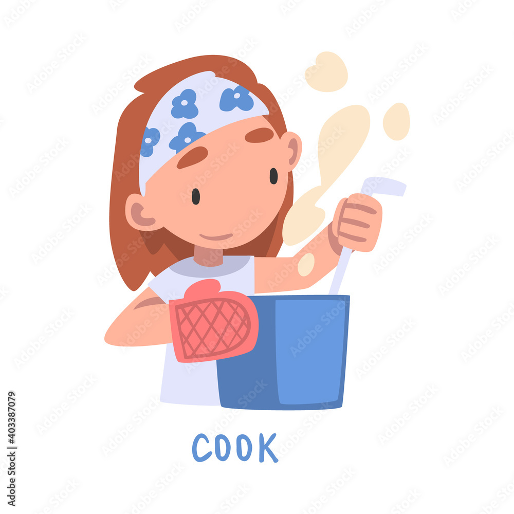 Cook Word, the Verb Expressing the Action, Children Education Concept, Cute Girl Cooking in the Kitchen Cartoon Style Vector Illustration Cook Word, the Verb Expressing the Action, Children Education Concept, Cute Girl Cooking in the Kitchen Cartoon Style Vector Illustration