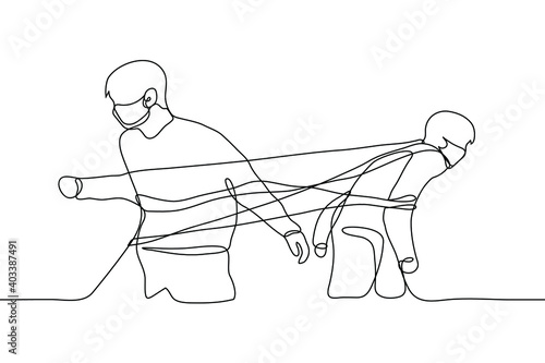 pair of masked men are entangled in ropes and try to disperse in different directions. The concept of the difficulty of keeping distance; fatigue, desire to rest and distance from a person