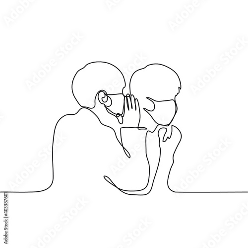 two masked men are whispering. one line drawing whisperers huffed with a secret