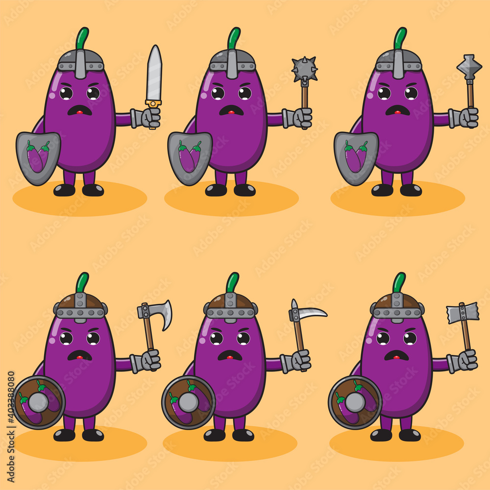 Illustration vector graphic cartoon character of cute Eggplant knight. Cute smile face and hand