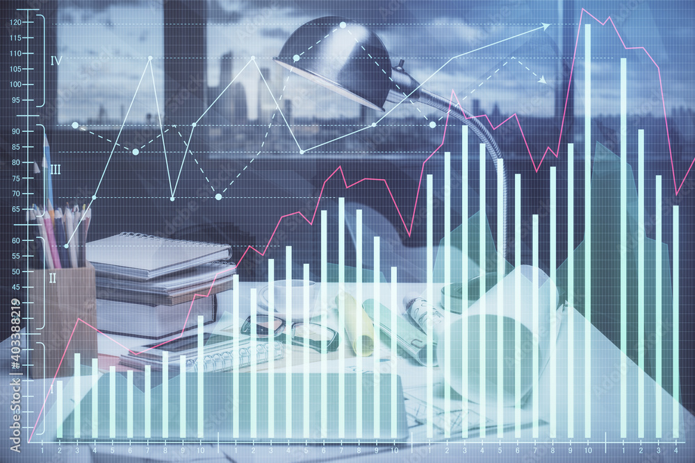 Double exposure of stock market graph drawing and office interior background. Concept of financial analysis. Double exposure of stock market graph drawing and office interior background. Concept of financial analysis.
