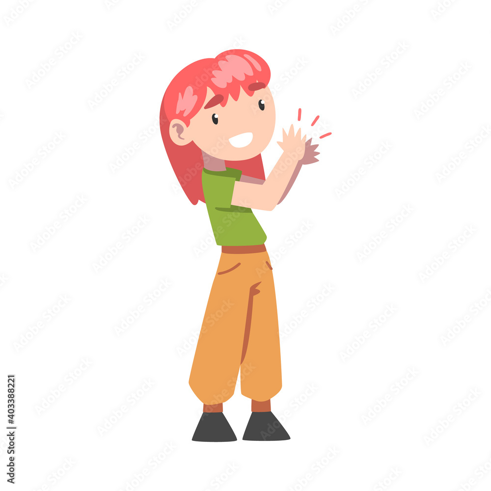 Cute Redhead Little Girl Clapping her Hands, Adorable Kid Expressing Enjoyment, Appreciation, Delight Cartoon Style Vector Illustration Cute Redhead Little Girl Clapping her Hands, Adorable Kid Expressing Enjoyment, Appreciation, Delight Cartoon Style Vector Illustration