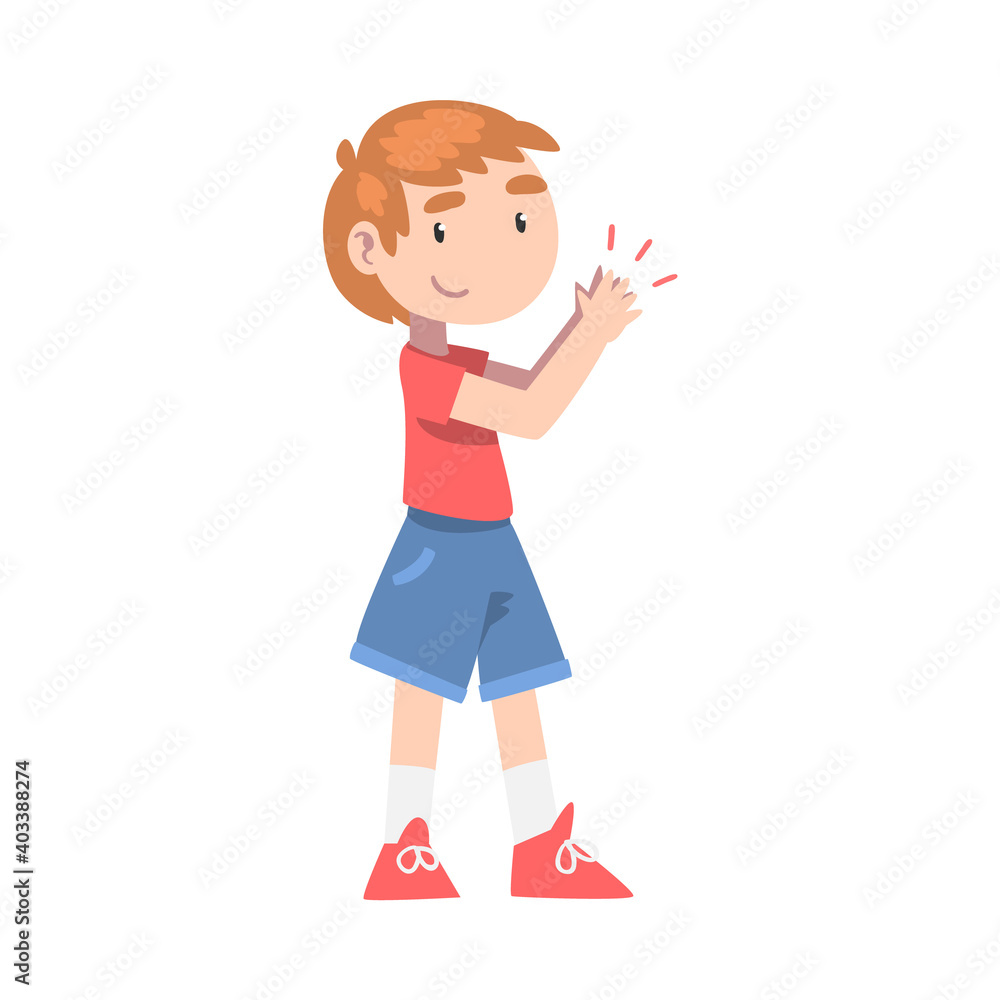 Cute Little Boy in Shorts and T-shirt Clapping his Hands, Happy Kid Expressing Enjoyment, Appreciation, Delight Cartoon Style Vector Illustration Cute Little Boy in Shorts and T-shirt Clapping his Hands, Happy Kid Expressing Enjoyment, Appreciation, Delight Cartoon Style Vector Illustration