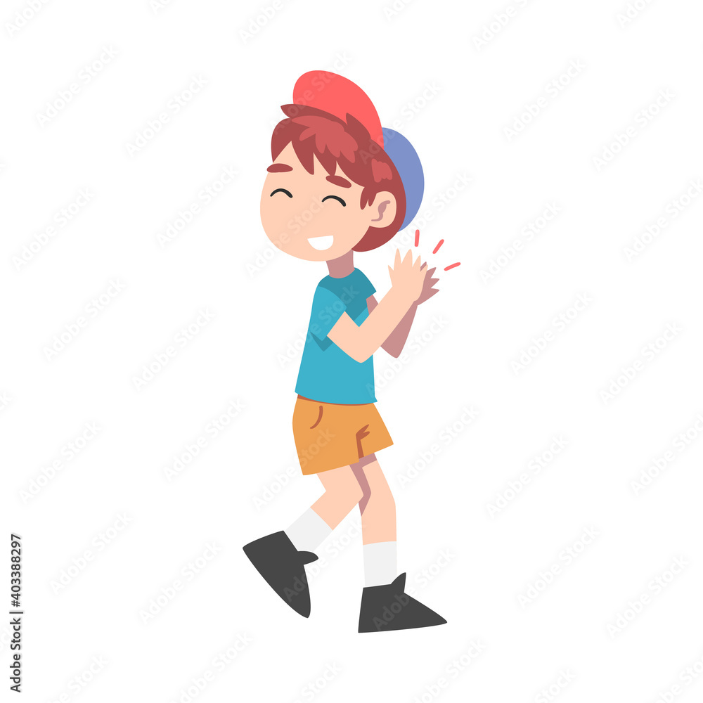 Cute Little Boy Clapping his Hands, Joyful Kid Wearing Shorts, T-shirt and Baseball Cap Expressing Enjoyment, Appreciation, Delight Cartoon Style Vector Illustration Cute Little Boy Clapping his Hands, Joyful Kid Wearing Shorts, T-shirt and Baseball Cap Expressing Enjoyment, Appreciation, Delight Cartoon Style Vector Illustration