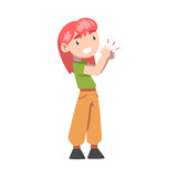 Cute Redhead Little Girl Clapping her Hands, Adorable Kid Expressing Enjoyment, Appreciation, Delight Cartoon Style Vector Illustration