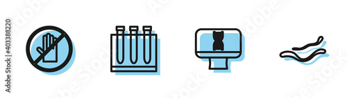 Set line DNA spiral and computer, No handshake, Blood test virus and Ebola disease icon. Vector.